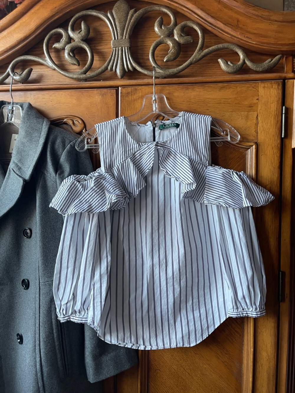 RALPH LAUREN White Blouse with Black Pinstripes and Cold-Shoulder Ruffles XS
